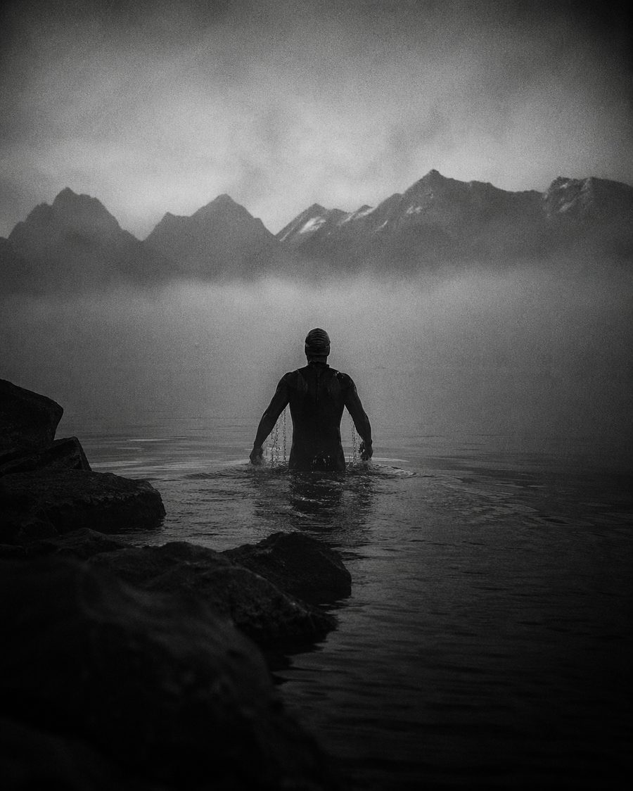 Triathlète émergeant d'un lac suisse à l'aube — pilier Triathlon FORTE