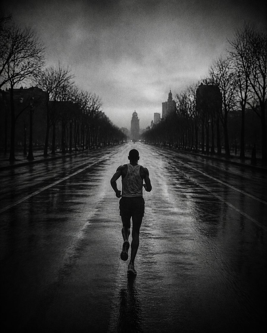 Marathonien sur avenue déserte à l'aube — pilier Marathon FORTE